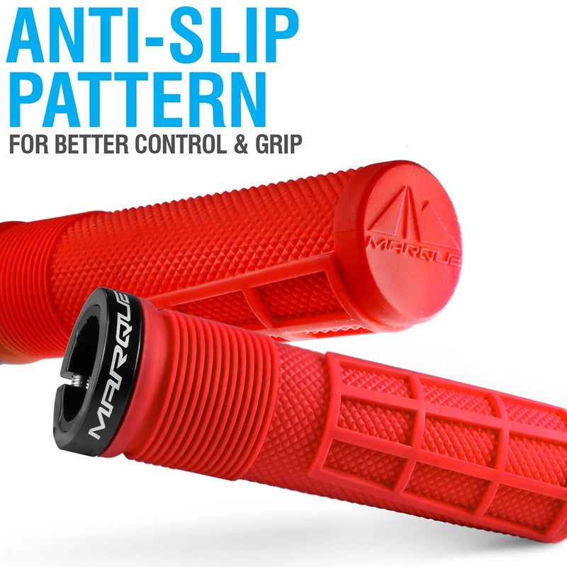 MARQUE Race Mountain Bike Handlebar Grips â€“ Single Lock-On Ring Collar MTB and BMX Bicycle Handle Bar with Non-Slip Grip, Knurly Gritty Pattern and Half Waffle Pattern (Red) - Image 2